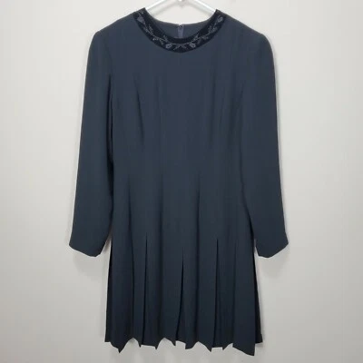 Cynthia Howie Women Black Casual Dress pleated sz 8 velvet bead accent neck — 第 1/4 张图片