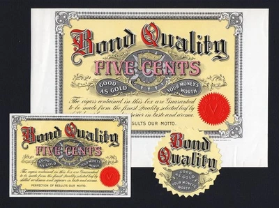 Etiquetas de cigarros antiguas originales CALIDAD DE BONOS (3 PIEZAS) - BUENAS COMO EL ORO - VALE DINERO Foto 1 de 2