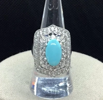 Sterling 925 Large & Chunky Blue Glass & Clear Cz Stone Ring Sz 9.25 Y1353 - Image 1 of 4