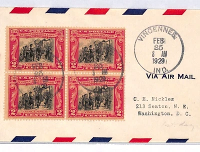 USA Air Mail Cover Washington DC 1929 Vincennes INDIANA 2c BLOCK YH367 - Image 1 of 4