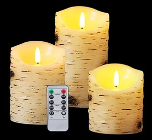Flameless Candles LED Candles Birch Bark Set of 3 (D 3.25" x H 4" 5" 6") Ivor... - Picture 1 of 6