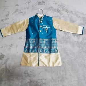 Tuta Kurta giacca e gilet ragazzo 2 blu turchese oro bottoni davanti matrimonio indiano - Foto 1 di 21