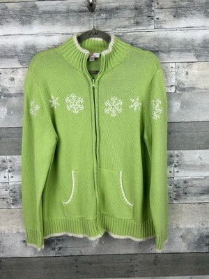 Vintage Quacker Factory Green Snowflake Sweater Zip Cardigan Woman's Large - Image 1 of 4