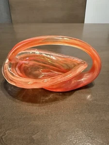 Hand Blown Trinket Dish Bowl Handle Lily Orange Red Art Glass Scorpion Tail - Picture 1 of 4