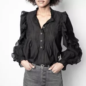 Neu mit Etikett $ 378 Zadig & Voltaire Timmy Tomboy gerüschte Tunika Bluse Shirt schwarz GRÖSSE S - Bild 1 von 10