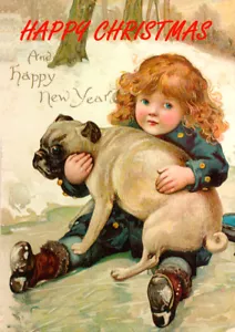 PUG CON NIÑA EN HIELO TARJETA DE FELICITACIÓN DE NAVIDAD IMPRESA PARA PERRO - Imagen 1 de 1