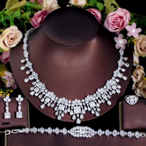 CZ Flower Fringed Earrings Necklace Ring Bracelet White Gold Plated Jewelry Set - Bild 1 von 12