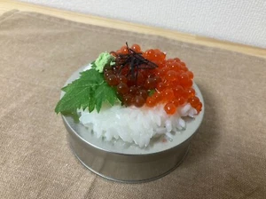 Muestra de alimento: Bandeja pequeña de arroz cubierta con huevas de salmón - Imagen 1 de 3
