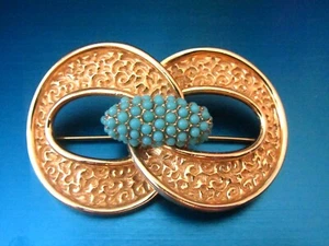 VINTAGE FABULOUS CINER BOLD MODERN CIRCLE LINK AQUA BEADS GOLD TONE BROOCH D25 - Picture 1 of 3