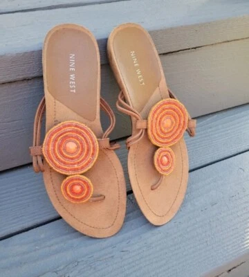 NINE WEST Hippie BeadedLeather Boho Flats Sandals Brown-Orange size7.5 M - Image 1 of 4