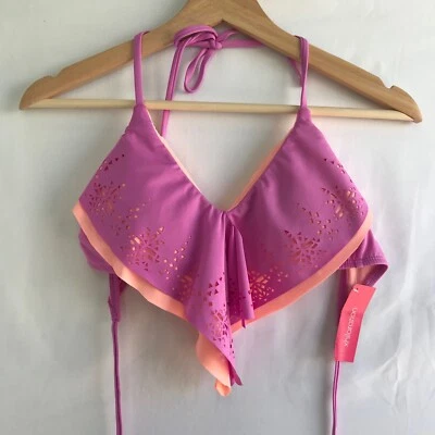 Xhilaration Juniors Medium Bikini Top Pink Peach Laser Cut Padded Halter Ties - Image 1 of 4