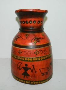 Antique Wooden Indian Painted Pot Old Wooden Himachal Pot 8.5" - Picture 1 of 5
