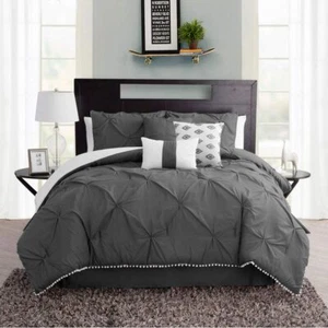 Sander Home Fashions Pom-Pom 7-Piece Comforter Set Twin XL Polyester Grey - Picture 1 of 1