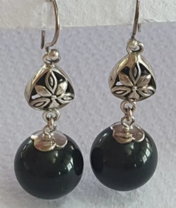 Black Onyx Drop earrings in Sterling Silver with 13.5mm Black Onyx 4.7cm - Picture 1 of 2