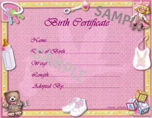 PRETTY PINK BIRTH CERTIFICATE/CERTIFICATES 4 REBORN FAKE BABY approx 7"x 5" - Picture 1 of 1