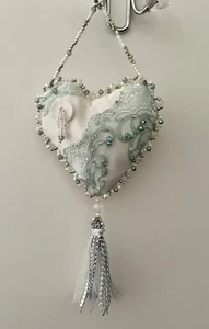 SILK & LACE HANGING HEART beaded *100% HANDMADE* lace tassel, aqua, green silver - Picture 1 of 6
