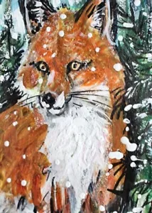 Pintura ORIGINAL ACEO Zorro Rojo Invierno Nieve Pino Paisaje Animal Naturaleza ARTE - Imagen 1 de 1