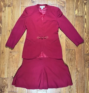Vintage 90s Christian Dior Blazer Skirt Set Womens Sz 8 Burgundy Worsted Wool - Picture 1 of 16