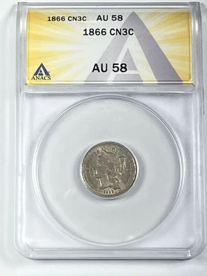 1866 Three Cent Nickel : ANACS AU58 - Image 1 of 4