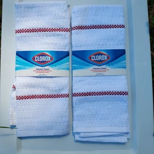 Clorox Kitchen Towels 16" x 28 White Bleach Safe 50 Washes Lot Of 2 Cotton Grey - Picture 1 of 11