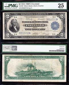VERY NICE Bold & Crisp VF+ 1918 $2 Cleveland BATTLESIHP FRBN Note! PMG 25! 25713 - Picture 1 of 3