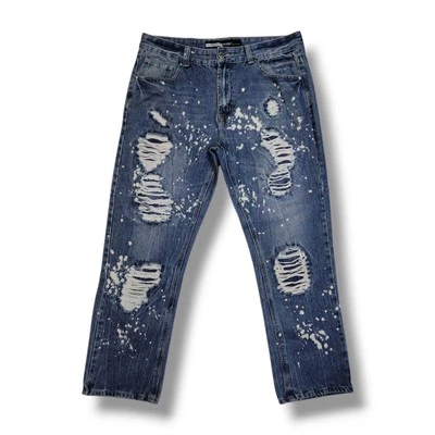 Pantalones de mezclilla Brooklyn Xpress desgastados blanqueados pierna recta azules para hombre 36x29 Foto 1 de 4