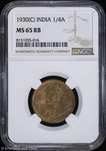 1930-(C) India 1/4 Anna NGC MS 65 RB | Toned Uncirculated UNC BU - Picture 1 of 4
