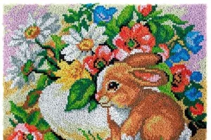 Rabbit Flowers Rug Latch Hooking Kit (81x61cm) - Picture 1 of 6