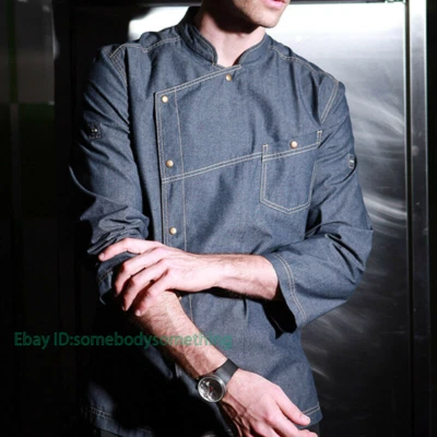 Men Denim Hotel Restaurant Kitchen 3/4 Sleeve Jean Coat Cook Wear Chef Jacket - Image 1 of 4