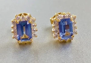 Solid 14K Gold Natural Diamonds Blue Tanzanite Earrings Halo Stud - Picture 1 of 5