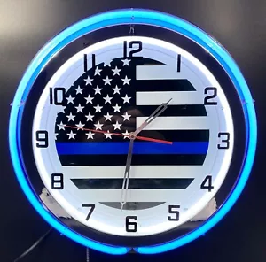 19" Police Thin Blue Line Flag Sign Double Blue Neon Clock - Picture 1 of 1