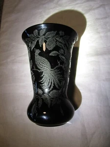 Vintage Cambridge schwarz #782 GLAS VASE #736 Pfau Ätzung Textur 8,9” t 1930’s - Bild 1 von 17