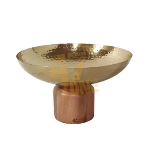 Ramsey Acacia Wood Base Steel Bowl-Gold Brown Indoor Outdoor Tabletop Home Decor - Picture 1 of 4