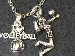 Volleyball Player Spiking the Ball Charm Tibetan Silver 18" Necklace BIN - Picture 1 of 3