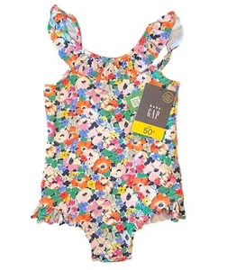Baby Gap Girl One Piece Swim Suit Size 3T Floral Ruffle Neck UPF 50 UV NEW - Picture 1 of 8