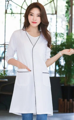 Women Nurse Dress Female Dress Beautician Lab Long Coat  V-neck Work Clothes - Image 1 of 4