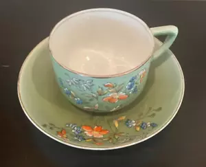 Taza/platillo dorado flores pintadas a mano fábrica imperial rusa Kuznetsov - Imagen 1 de 7
