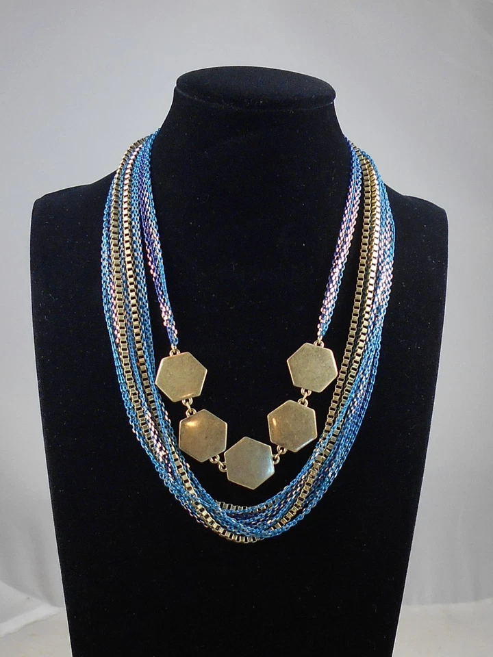 Kenneth Cole CHAIN REACTION Tri Tone Blue Geometric Multi Chain Toggle Necklace - Изображение 1 из 2