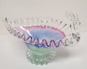 Art Glass Peacock Bird Candy Dish Bowl 8.75" Ruffle Edge Swirl Color Pattern - Picture 1 of 8