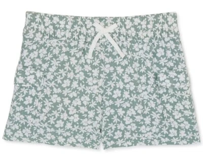 Girls M(7-8) Pull-On Shorts Green/White Floral Linen Blend Fabric Side Pockets  - Image 1 of 4