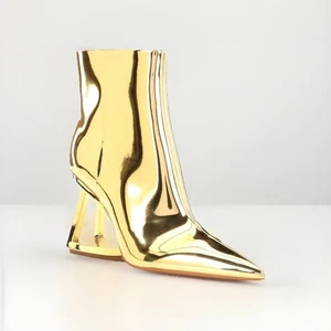 Gianni Bini Gold Spiegel Keilabsatz Stiefel Größe 9,5 | Futuristische geometrische Absätze Neu mit Etikett - Bild 1 von 6