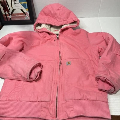Carhartt Jacket Youth Medium 10-12 Pink Hooded Sherpa Lined Coat OJ9564-G - Image 1 of 4