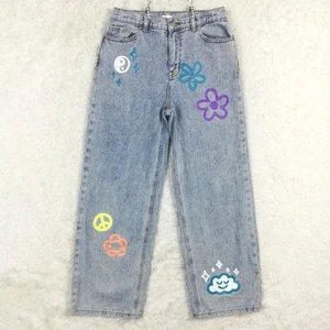 Pacsun Girls Jeans Baggy Graphic Blue Denim High Rise Medium Wash Hippie 14 - Picture 1 of 11