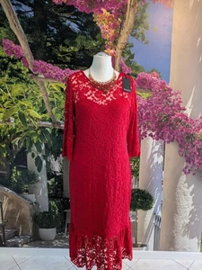 NEU: Edles allover Spitzen-LA-Kleid + Unterkleid, mit Volant, Rot, Gr. 44 - Bild 1 von 4