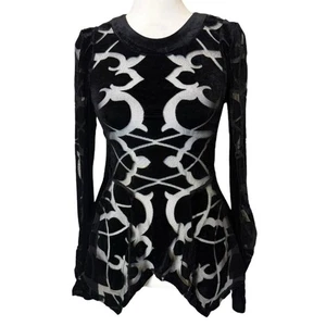 Top BCBGMAXAZRIA Terciopelo Burnout Peplum Negro Blanco XXS WhimsyGoth - Imagen 1 de 6