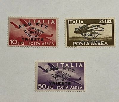 РЕДКИЙ НАБОР ИТАЛЬЯНСКИХ МАРОК 1948 ТРИЕСТ #C17-19 AMG FTT НАДПЕЧАТКА КАК НОВЫЕ ОРИГИНАЛЬНЫЕ - Изображение 1 из 4