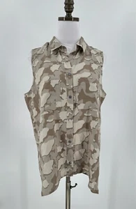 Da-Nang Womens Taupe Camo Silk Cotton Collared Sleeveless Button Up Top Sz M - Picture 1 of 8