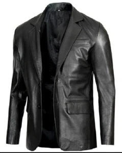 Mens Real Leather Coat Blazer Jacket Black 2 button fitted casual SALE Medium si - Picture 1 of 5