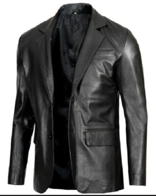 Mens Real Leather Coat Blazer Jacket Black 2 button fitted casual SALE Medium si - Image 1 of 4