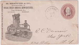1886 2ct Brown Entire Oval TECUMSEH MICH illust advt H BREWER & Co tile (B310) - Picture 1 of 1